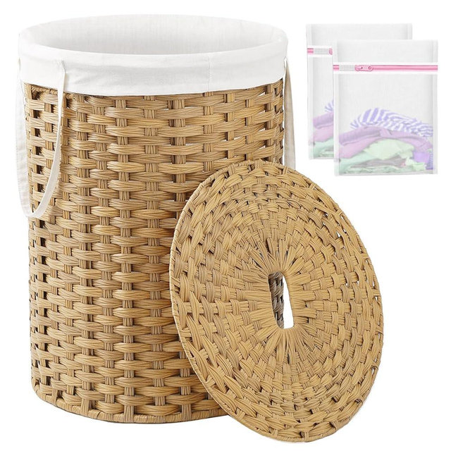 SETVSON Laundry Basket with Lid Round Rattan Laundry Hamper with Lid and Handles 29.1 Gal (110 L) Handwoven Woven Basket with Removable Bags and 2 Mesh Bags for Bathroom Living Room Natural