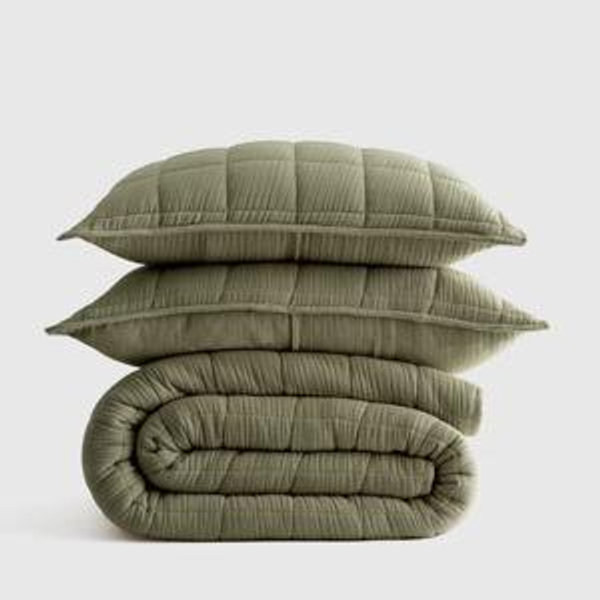 Organic Airy Gauze Box Quilt Set, Queen, Olive | Quince