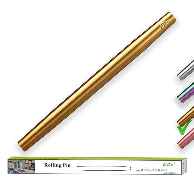 Berglander Gold Rolling Pin, 16.7 Inches Stainless Steel Matte Finish With Gold Titanium Plating Rolling Pin For Baking, Pizza, Dough, Pie, Cookie, Essential Kitchen Utensil Gift Ideas For Bakers.