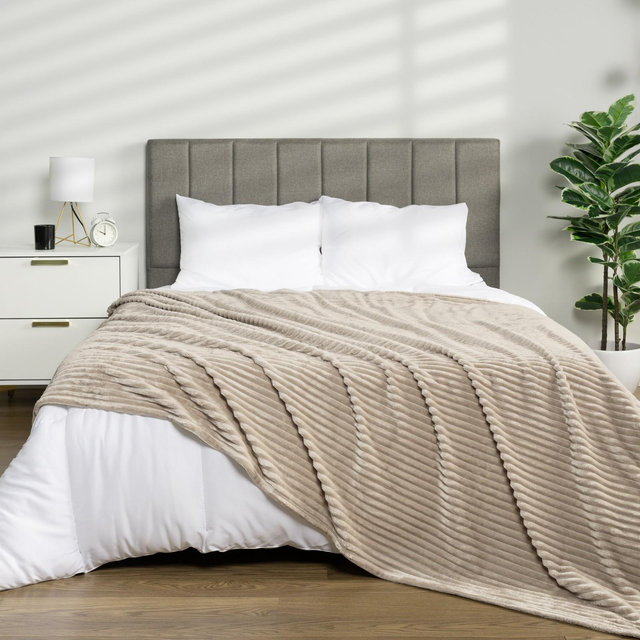 PAVILIA Super Soft Fleece Flannel Ribbed Striped Throw Blanket, Luxury Fuzzy Plush Warm Cozy for Sofa Couch Bed, Taupe/King - 90x108