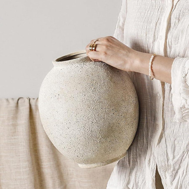 Large White Ceramic Vase - 9.8 Inch Rustic Farmhouse Flower Vase for Home Decor, Minimalist Tall Vases for Living Room, Table, Bathroom, Holiday & Weddings (Sandstone Yellow)