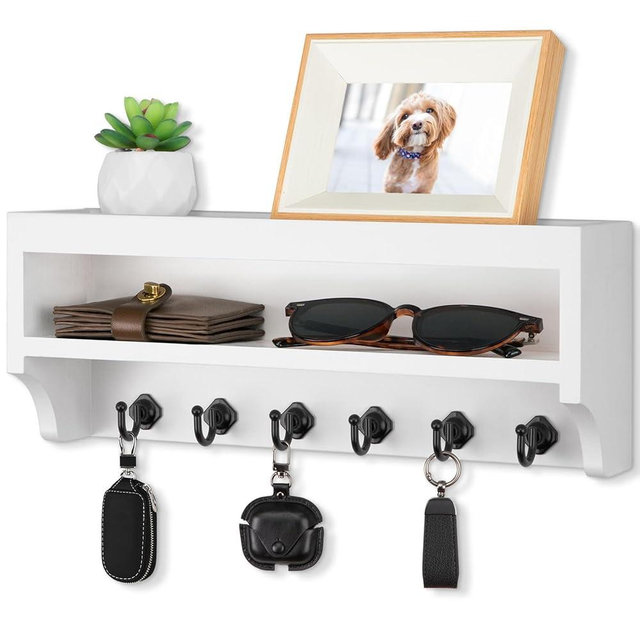 Nekon Key Holder Wall Mount, 12.8" W x 5.6" H x 3.7" D Wall Mounted Key and Mail Organizer with 6 Key Hooks, Key Racks for Home Entryway Decor (White)