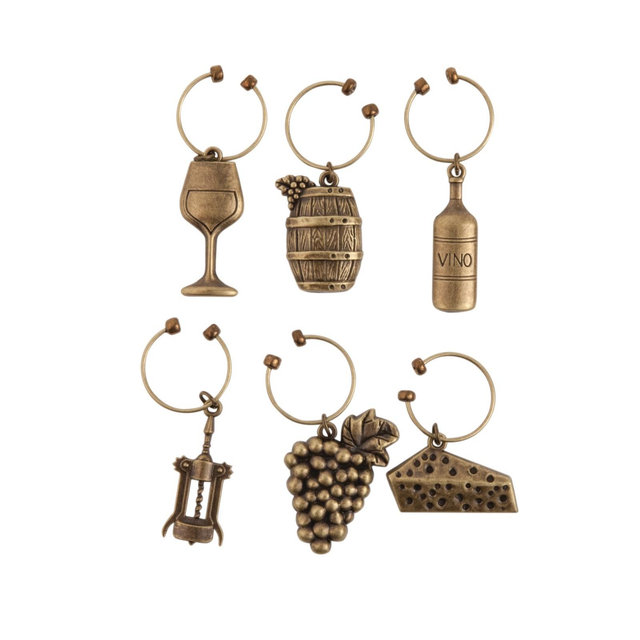 Twine Antiqued Farmhouse Decor Wine Charms and Drink Markers for Wine Glasses, 6 Count