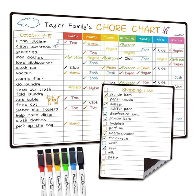 Magnetic Dry Erase Chore Chart - 14.5"x11" Chore Chart for Kids, Teens and Adults - 6.5"x8.5" List Board for Fridge - 6 Extra Fine Point Markers Included - Shipped Flat