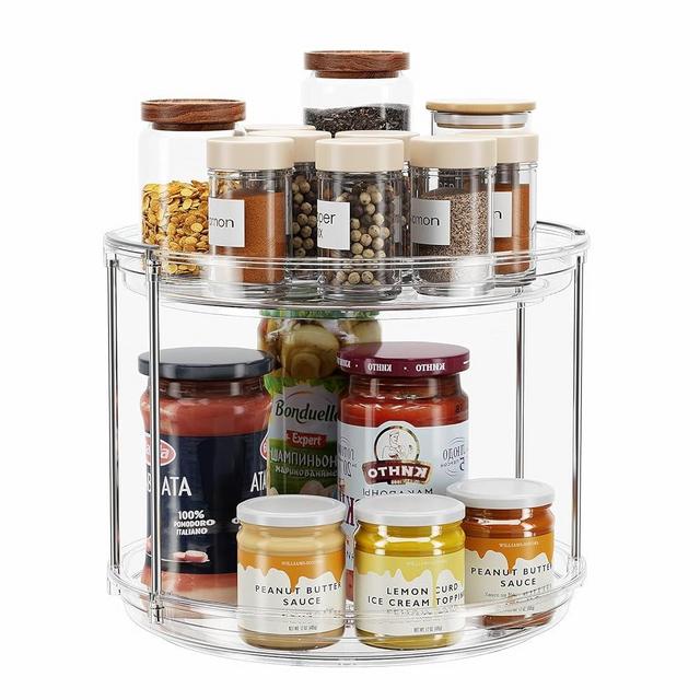 LAMU 2 Tier Lazy Susan Turntable Organizer 9.25'' Rotating Spice Rack Organization for Cabinet, Kitchen, Pantry, Spining Makeup Organizer for Bathroom Vanity, Clear