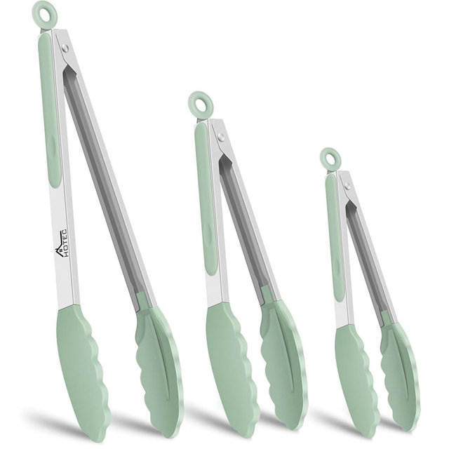 HOTEC Premium Stainless Steel Locking Kitchen Tongs with Silicon Tips, Set of 3-7", 9" and 12" (Light Green)
