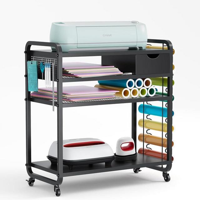 Yumkfoi Storage Organizer Compatible with Cricut Machine, Rolling Craft Storage Cart with DIY Pegboard, Vinyl Roll Holder, Mobile Storage and Organization Table Desk Cabinet Workstation (Carbon Steel)