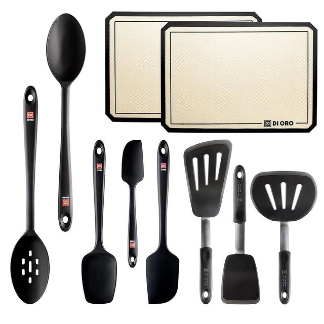 DI ORO Chef Series 3-Piece Turner Spatula Set - 2-Piece Silicone Baking Mat Set - Seamless Series 3-Piece Silicone Spatula Set - Seamless Series 2-Piece Silicone Spoon Set (Black)