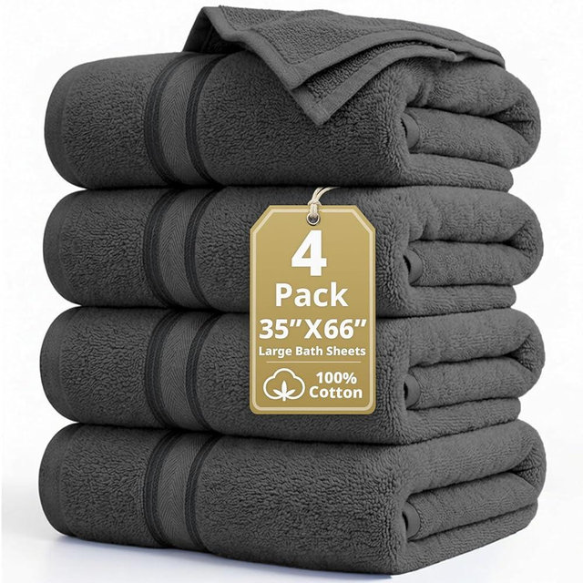 LANE LINEN Large Bath Towels - Zero Twist Cotton Construction - Set of 4 (35" x 66") Oversized Bath Towel Sets - Fade Resistant, Quick Dry & Fluffy - Instantly upgrade your bathroom decor - Space Grey