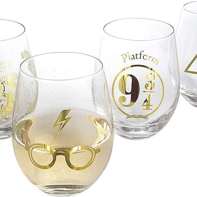 Harry Potter Stemless Wine Glasses, Set of 4 - Gold Harry Potter Symbols and Designs - Glass - 17 oz