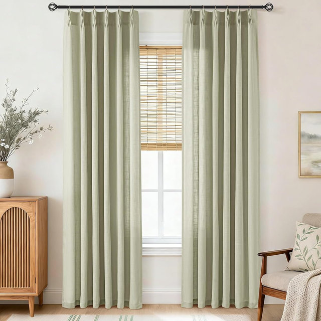 Sage Green Pinch Pleated 84 inch Long Linen Curtains 2 Panels Set for Living Room Track System Curtains Neutral Modern Elegant Light Filtering Semi Sheer Linen Blend Pinch Pleat Drapes 84 Length