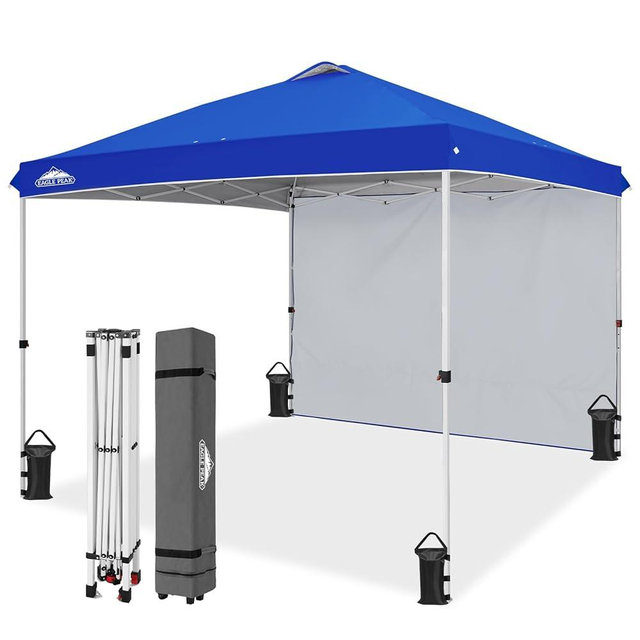 EAGLE PEAK Pop Up Canopy Tent with 1 Sidewall, Easy Setup Event Tent, Outdoor Sun Shade, Wheeled Carry Bag, Stakes and Guy Ropes, Instant Canopy 10x10, Blue
