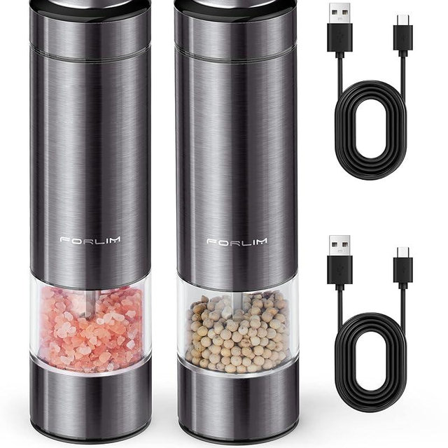 FORLIM Rechargeable Electric Salt and Pepper Grinder Set - Automatic One-Handed Operation Mill with Light (2 Mills) - Electronic Adjustable Shakers - Ceramic Grinder- Gorgeous Metallic Gunmetal