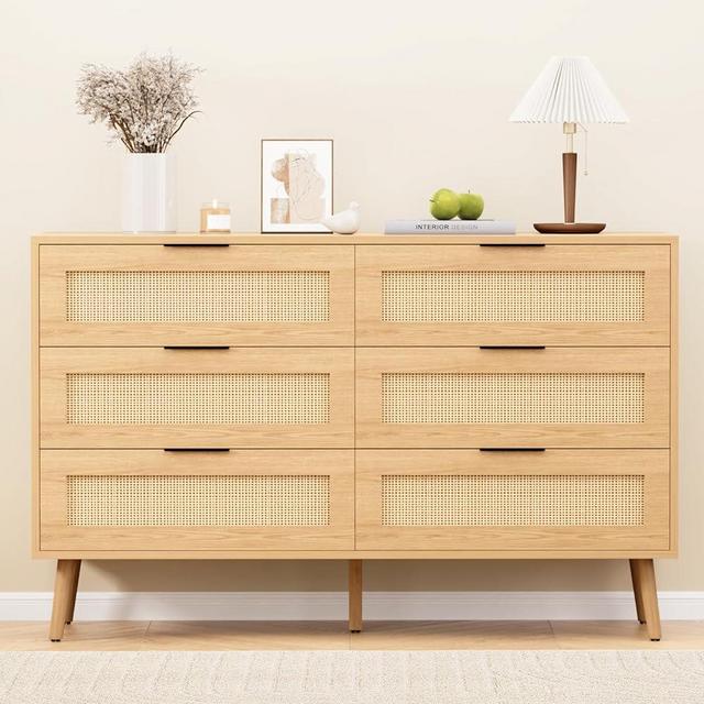 REHOOPEX Natural Rattan Dresser for Bedroom with 6 Drawers, Modern Wood 6 Drawer Dresser with Black Handles, Chest of Drawers for Nursery, Living Room, Closet, Entryway, Hallway (Wood)