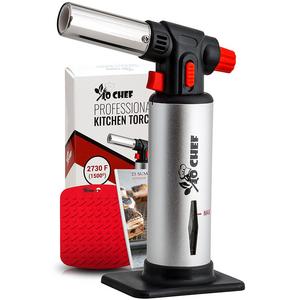 Jo Chef Professional Kitchen Torch – Aluminum Refillable Crème Brulee Blow Torch – Safety Lock & Adjustable Flame + Fuel gauge – for Cooking, Baking, BBQ – FREE Heat Resistant Place Mat + Recipe eBook