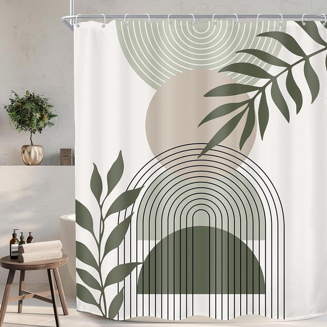 KOMLLEX Sage Green Boho Shower Curtain 72Wx72H Abstract Modern Mid Century Bathroom Decor Aesthetic Leaves Geometric Arch Bohemian Minimalist Neutral Simple Fabric Waterproof Polyester 12 Pack Hooks