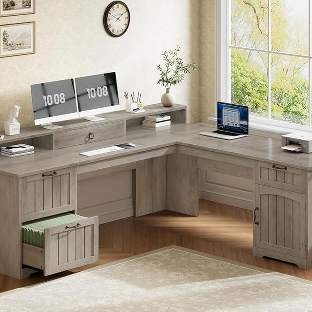 SEDETA 63" L Shaped Desk with Drawers, Farmhouse Corner Computer Desk, Wood Office Desk with File Drawers with Storage, Executive Desk with Monitor Stand and Storage Cabinet, Grey