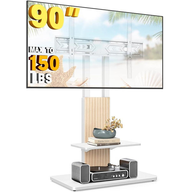 TVON Heavy Duty Floor TV Stand for 55-90 inch Large TVs up to 150 lbs, Tall TV Stand with Height Adjustable Mount, Universal TV Mount Stand with Large Storage Shelf and Wooden Base, White and Oak