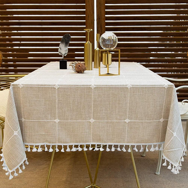 Oubonun Rustic Lattice Tablecloth Cotton Linen Light Coffee Square Table Cloths for Kitchen Dining, Party, Holiday, Christmas, Buffet, 55"x70"