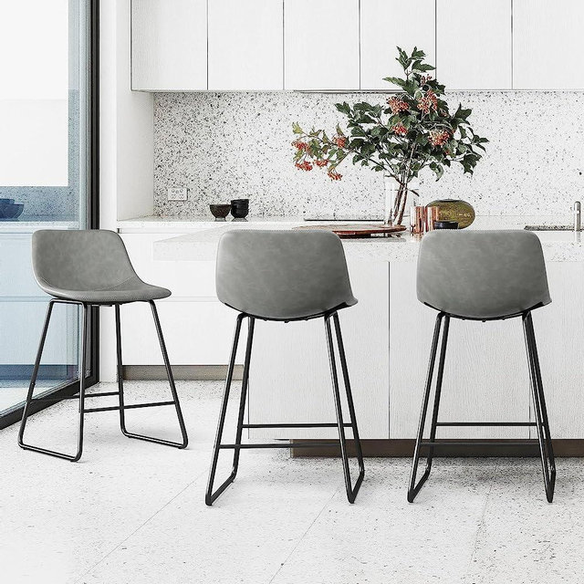 LUE BONA Alexander Indoor/Outdoor Industrial Faux Leather Bar Stools Set of 3,Urban Armless Dining Chairs with Metal Legs, Modern Counter Height Barstools for High Table Kitchen Island Chair 24",Grey