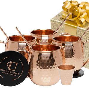 Mule Science Moscow Mule Copper Mugs - Set of 4 - 100% HANDCRAFTED - Pure Solid Copper Mugs 16 oz Gift Set with BONUS: Highest Quality Cocktail Copper Straws, Coasters and Shot Glass!