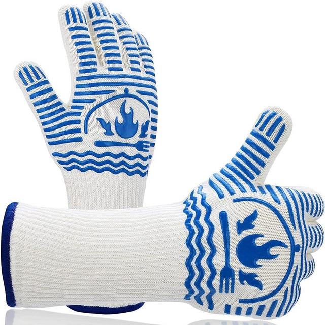 QUWIN BBQ Gloves, Oven Gloves 1472℉ Extreme Heat Resistant, Grilling Gloves Silicone Non-Slip Oven Mitts, Kitchen Gloves for BBQ, Grilling, Cooking, Baking-1 Pair… (One Size(Long Cuff), Blue)