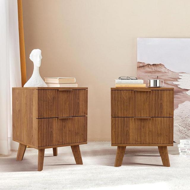 Nightstands Set of 2 with Drawers, Modern Large Striped Bed Side Table with 2 Drawers, Mid Century Modern Night Stand with 2 Drawers, Bedside Table End Table with 2 Drawers & Solid Wood Legs (Walnut)