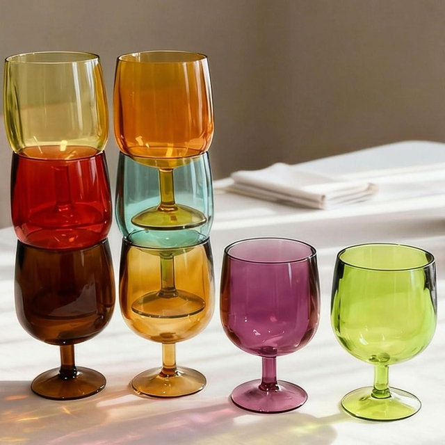 WowProLiv 8.5 oz Plastic Stem Wine Glasses, Colored Stackable Acrylic Goblets, Reusable Drinking Cup for Kids, BPA-Free, Dishwasher Safe Tumblers for party (Set of 8, Gift Box)