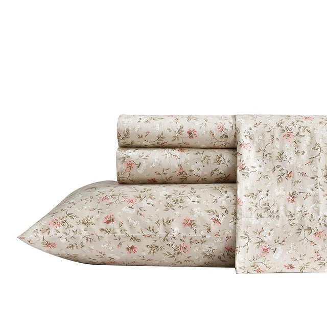 Laura Ashley - King Sheet Set, Buttery-Soft Bed Sheets with a Naturally Silky Smooth Cotton Sateen Lightweight Feel - Matching Pillowcases & Fitted Sheet (Bonnie Beige)