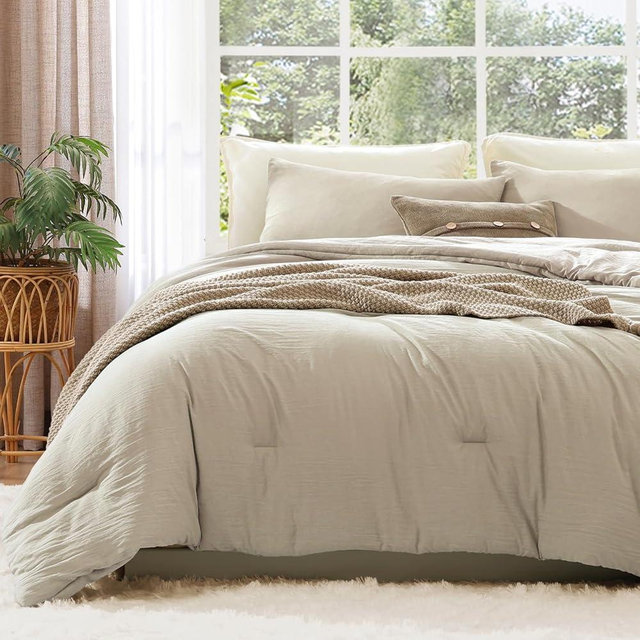 WRENSONGE King Size Comforter Set - 3 Pieces Light Oatmeal Comforter Prewashed Soft Lightweight for All Seasons,Fluffy Down Alternative Comforter King Size with 2 Pillow Shams