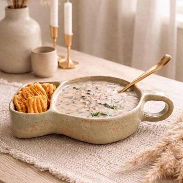 Ceramic Soup and Cracker Bowl, 16 oz Divided Stoneware Snack Dish, Handmade Pottery