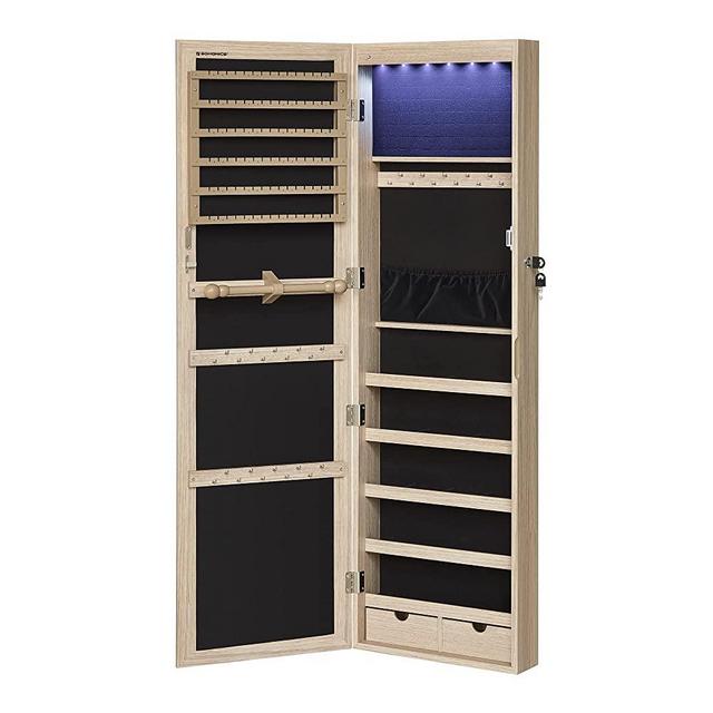 SONGMICS 6 LEDs Mirror Jewelry Cabinet, 47.2" H Lockable Wall/Door Mounted Jewelry Armoire Organizer with Mirror, 2 Drawers, Oak Color UJJC093M01