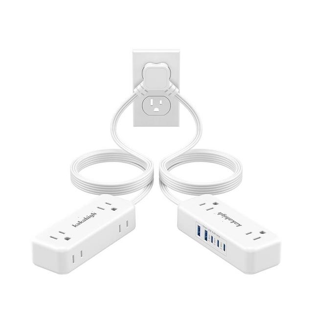 Split Extension Cord 10FT (5FT on Each Side), Single Flat Plug Twin Extension Cord with 4 AC Outlets, 2 USB-A & 3 USB-C(24W/4.8A), Nightstand Charging Station for Bedroom Dorm Room Home, His and Hers