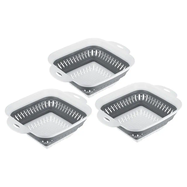 Unique Bargains Washing Fruit Vegetable Kitchen Multifunctional Square Collapsible Colanders 3 Pcs Grey
