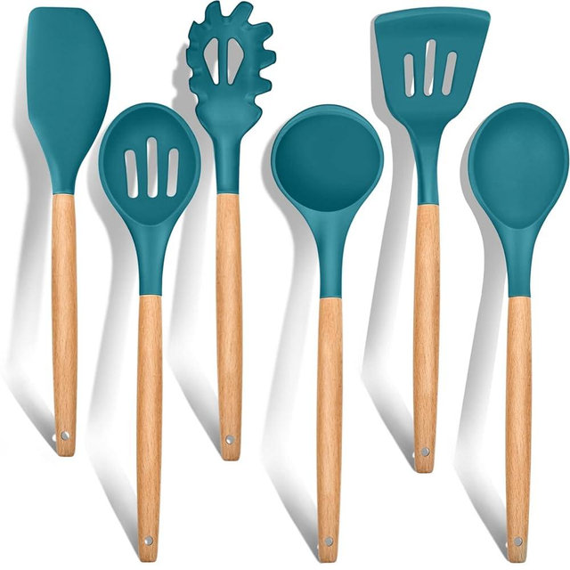 Kitchen Utensils Set of 6, E-far Silicone Cooking Utensils with Wooden Handle, Non-stick Cookware Friendly, Includes Spatula/Ladle/Slotted Turner/Serving Spoon/Spaghetti Server(Teal Blue)