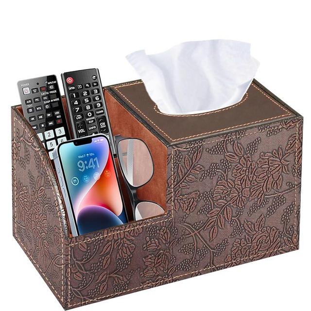 PU Leather Square Tissue Box Cover - Multi-Functional Tissue Box Holder, Tissue Box Cover with Storage,Tissue and Remote Control Holder, Cube Tissue Box Organizer Bedroom Nightstand End Table