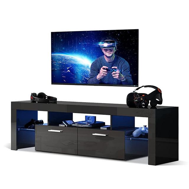 SANYOAC Black TV Stand for 55/60/65/70/75+ Inch TV Stand, Modern Entertainment Center for Video Gaming, Corner TV Stand with Storage and Shelves for Living Room Bedroom
