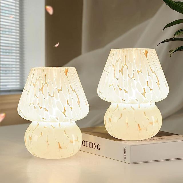 ONEWISH Cute Mushroom Lamp Small Bedside Table Lamp Set of 2 Stepless Dimmable, Translucent Glass White Nightstand Lamp for Bedroom Dorm Kids Room Living Kitchen, Murano Aesthetic Home Decor Gift