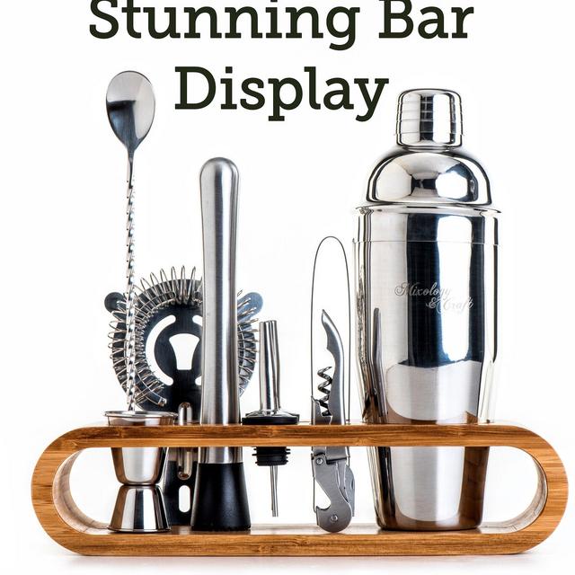 Mixology Bartender Kit with Stylish Bamboo Stand (Stainless-Steel Silver)