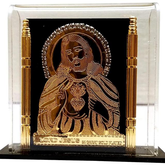 Purpledip Gold Leaf Jesus Christ Relief in Transparent Case: for Home, Altar or Car (11769)