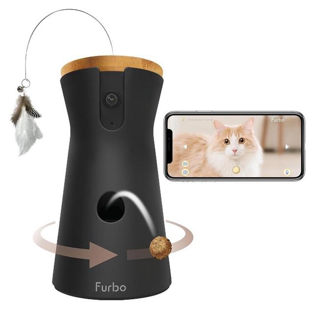 Furbo 360° Cat Camera - [New] Rotating 360° View Wide-Angle Cat Treat Dispenser with Camera, Feather Wand Toy, Color Night Vision, 1080p HD Pan, 2-Way Audio, Meowing Alerts, WiFi, Designed for Cats
