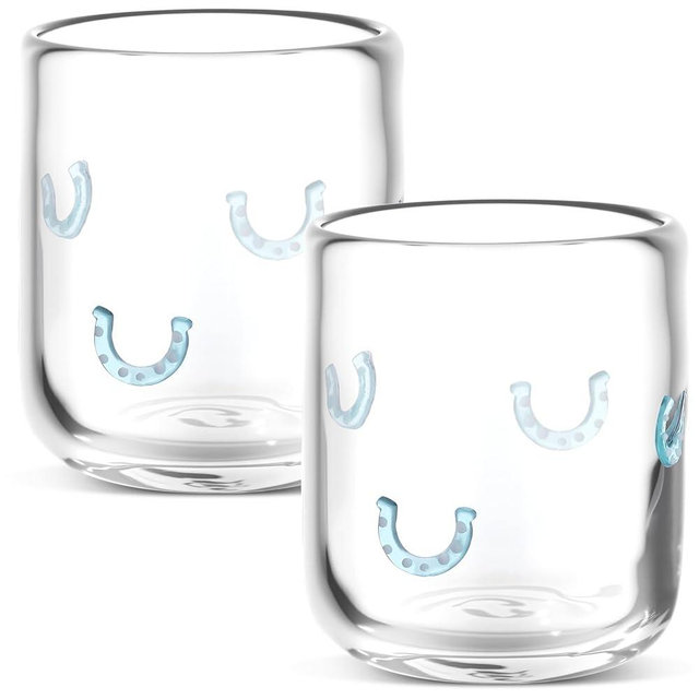 SiliFine Horseshoe Icon Juice Glasses, 14oz Blue Horseshoe Stemless Wine Drinking Juice Glass Cup for Cowboy Party Supplies Gift