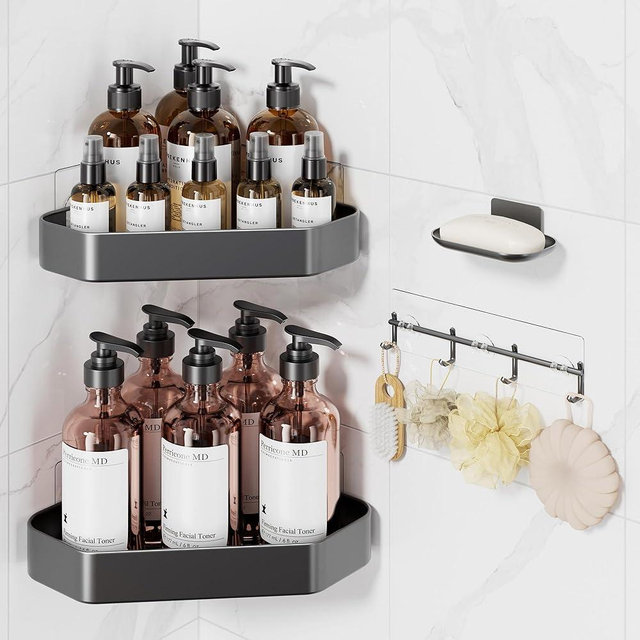 Veken Aluminum Corner Shower Caddy 4-Pack, Never Rust, No Drilling Adhesive Shelves, Stainless Rack with Soap Holder, Large Capacity Bathroom Organizers and Storage, Wall-Mounted Kitchen & Home Decor