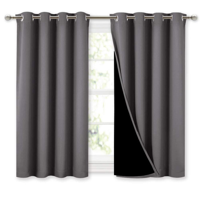 NICETOWN 100% Blackout Curtains with Black Liners, Thermal Insulated Full Blackout 2-Layer Lined Curtains, Energy Efficiency Window Draperies for Dining Room (Grey, 2 Panels, 52-inch W by 45-inch L)