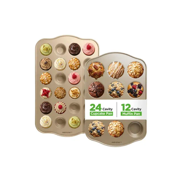 NutriChef 2 Pack Muffin & Cupcake Pans – 12-Cup Muffin & 24-Cup Mini Cupcake Trays, Nonstick Carbon Steel, Oven Safe 450°F, Champagne