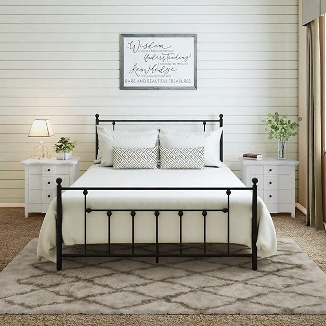 AMBEE21 Victorian Queen Metal Bed Frame with Headboard and Footboard  Platform/Wrought Iron/Heavy Duty/Solid Sturdy Metal Slat/Dark Black/No Box Spring Needed/Mattress Foundation/Under Bed Storage