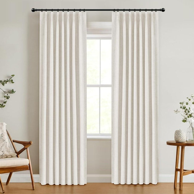 100% Blackout Shield Linen Pinch Pleated Curtains Blackout, Pleated Drapes with Hooks 96 Inch Long 2 Panels Set, Linen Blackout Curtains for Bedroom & Living Room, 40" W x 96" L, Beige