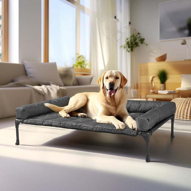 Veehoo Cooling Elevated Dog Bed + Waterproof Removable Pillow-Top Mat, Bolster Dog Cot Bed, Raised Pet Cot with Breathable Mesh, No-Slip Feet, Dog Couch Bed for Indoor & Outdoor, Large, Black CWC2331B