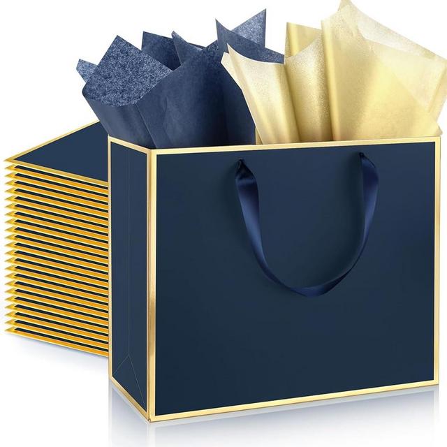 ReliThick 12 Pack Metallic Paper Gift Bag with Handle and Tissue 11.8 x 10 x 4'' Thank You Favor Bag for Wedding Bridal Shower Groomsmen Birthday Party Business Baby Shower Retirement(Navy Blue, Gold)