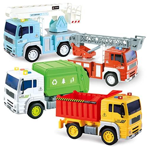 JOYIN 4 Pack Friction Powered City Vehicles Including Garbage Truck, Fire Engine Truck, Boom Lift Truck and Construction Dump Truck with Lights and Sounds